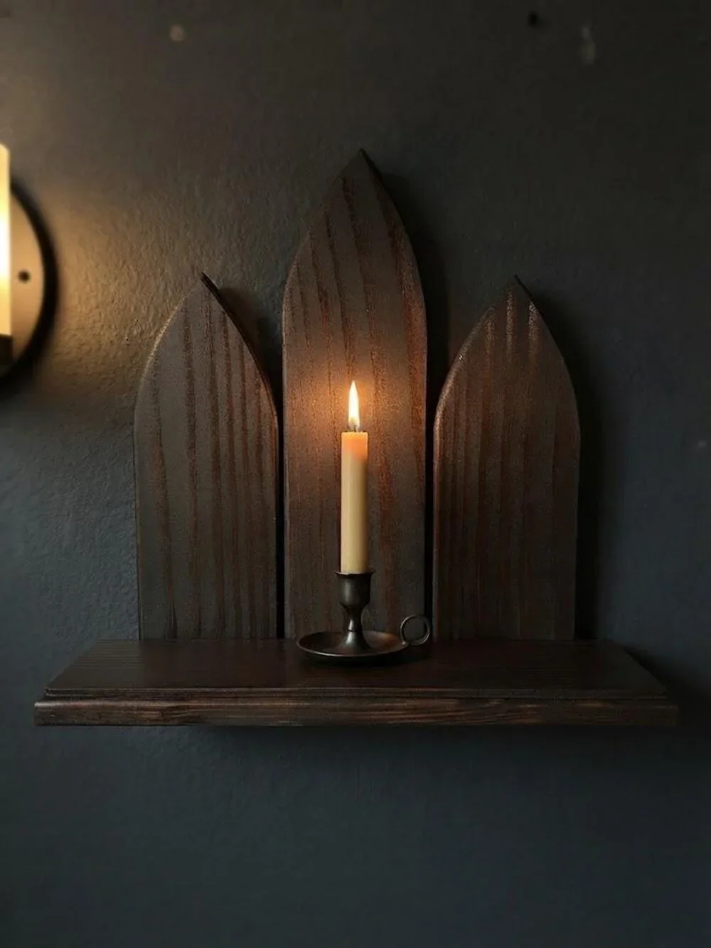 Triple Lancet Gothic Wall Shelf Dark Walnut Altar Ledge Dark Academia Wood Decor